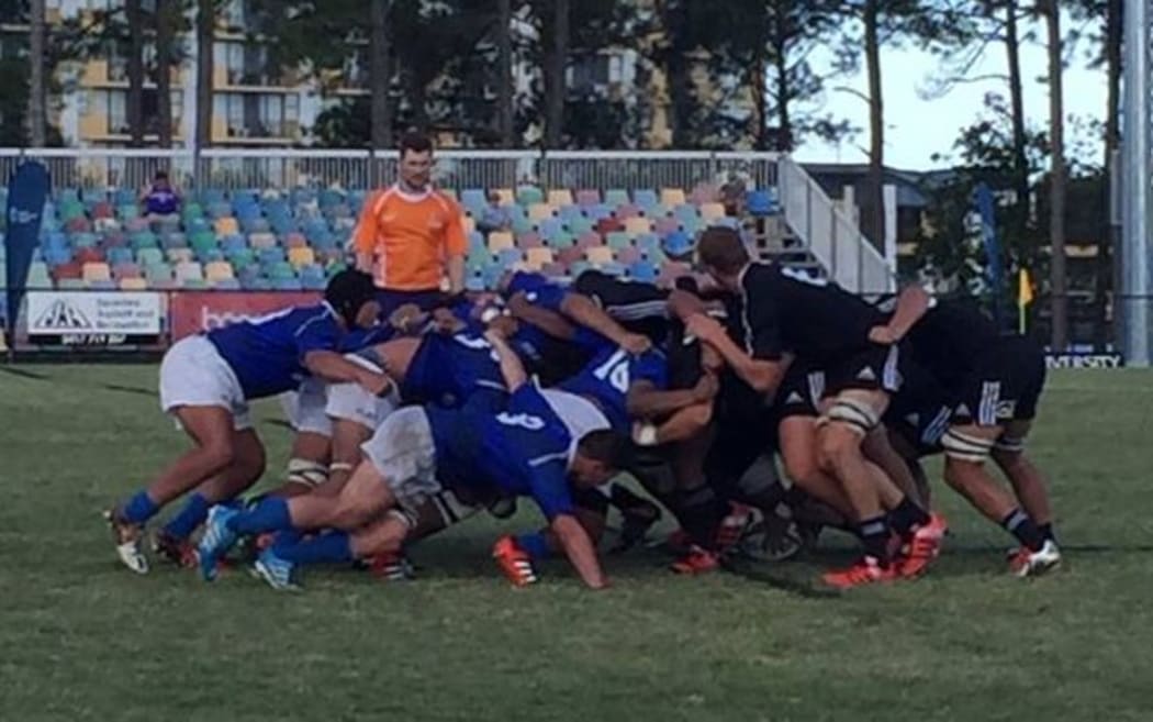 Samoa packs down against New Zealand at the Oceania Under 20 Rugby Championship on the Gold Coast.