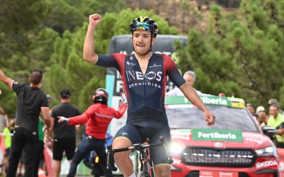 Ecuadorian Richard Carapaz of Ineos Grenadiers celebrates as he crosses the finish line to win stage 12 of the 2022 edition of the 'Vuelta a Espana', Tour of Spain cycling race, from Salobrena to Penas Blancas (192,7km), Spain, Thursday 01 September 2022. 
BELGA PHOTO DAVID STOCKMAN (Photo by DAVID STOCKMAN / BELGA MAG / Belga via AFP)
