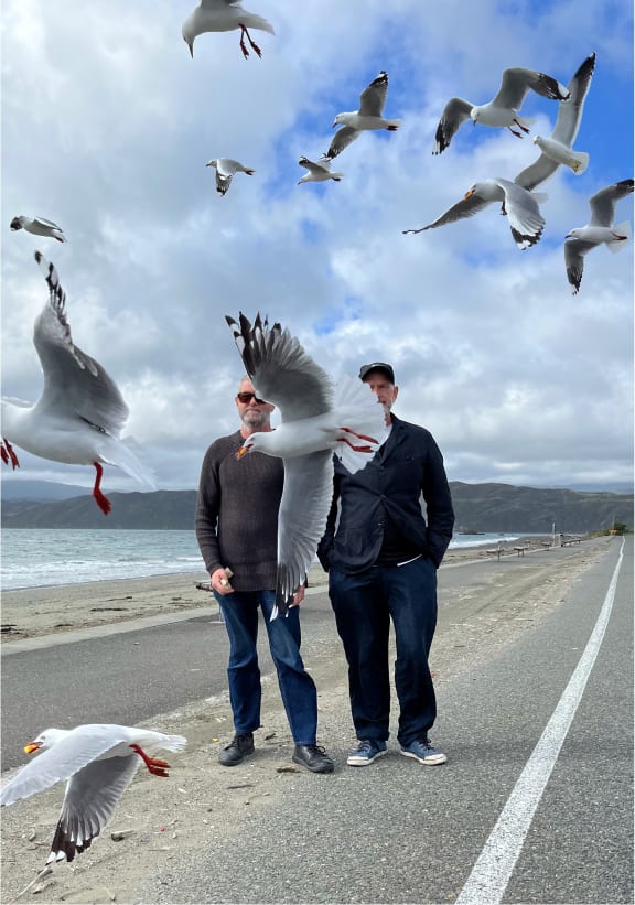 The members of the band Thrashing Marlin, David Donaldson and Steve Roche, stand on a Wellington foreshore with gulls flying around.
