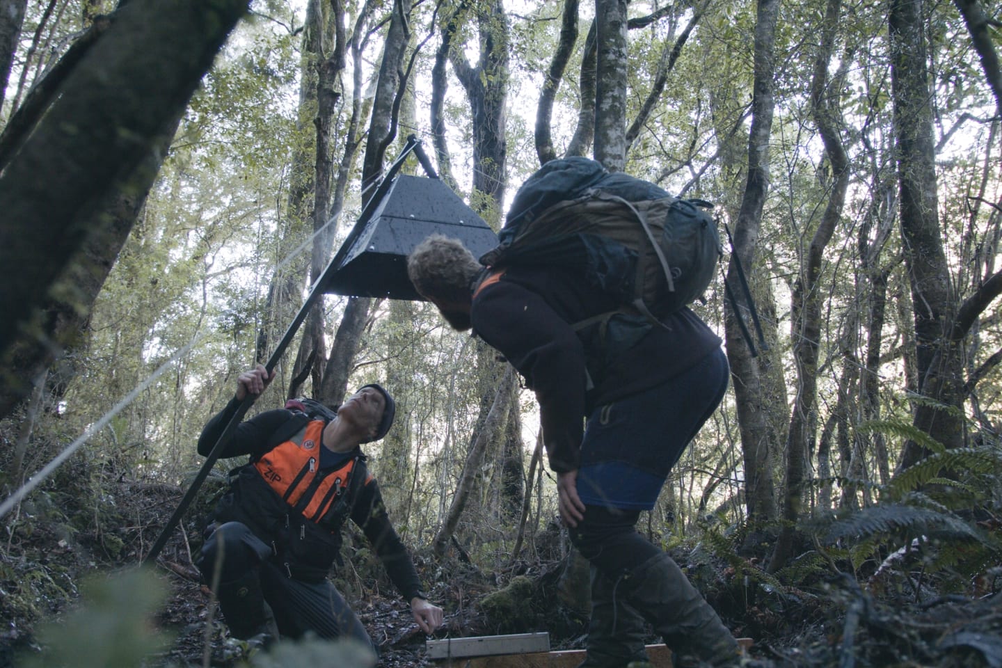 Al Bramley and Chad Cottle check ZIP's AI camera, Perth Valley, South Westland