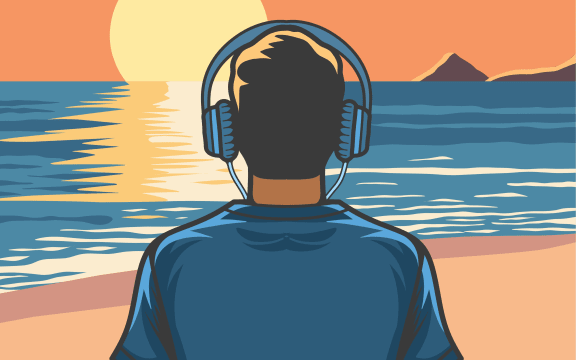 An illustration of someone sitting cross legged on a beach wearing headphones listening to music.