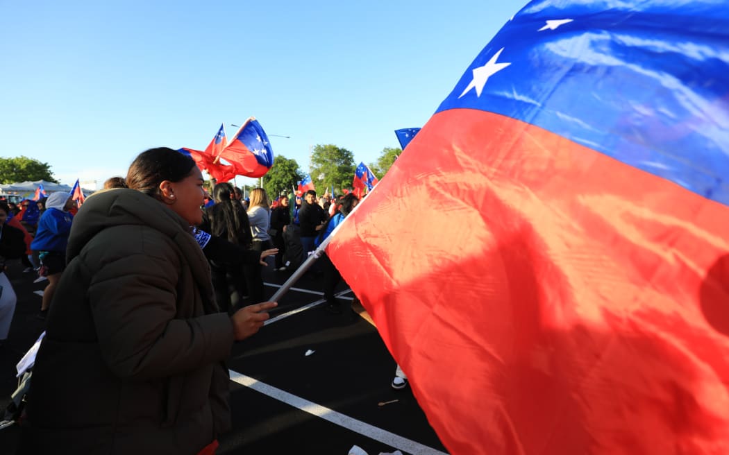 Toa Samoa supporters in Auckland, 20 November 2022. Toa Samoa were defeated by Australia 30-10 in the  Rugby League World Cup final in Manchester.