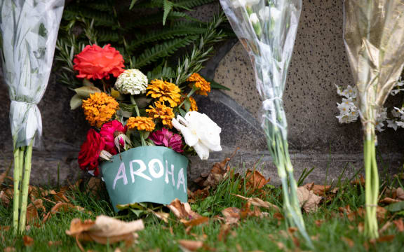 Flowers at the memorial at the Botanical Gardens in Christchurch.