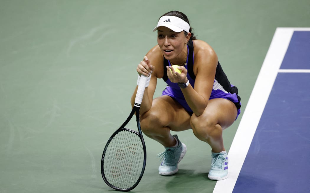 USA's Jessica Pegula reacts during her women's final match against Belarus's Aryna Sabalenka on day thirteen of the US Open tennis tournament at the USTA Billie Jean King National Tennis Center in New York City, on September 7, 2024.