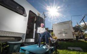 Merv Pearson, 70, outside rented caravan at the Otahuhu Caravan Park.