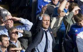 Chelsea manager Jose Mourinho protests during his side's 3-1 home Premier League loss to Liverpool on October 31, 2015 at Stamford Bridge Stadium in London. Photo Ian Tuttle / Backpage Images / DPPI
