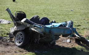 The remains of a vehicle involved in the fatal crash near Ashburton that claimed three lives.