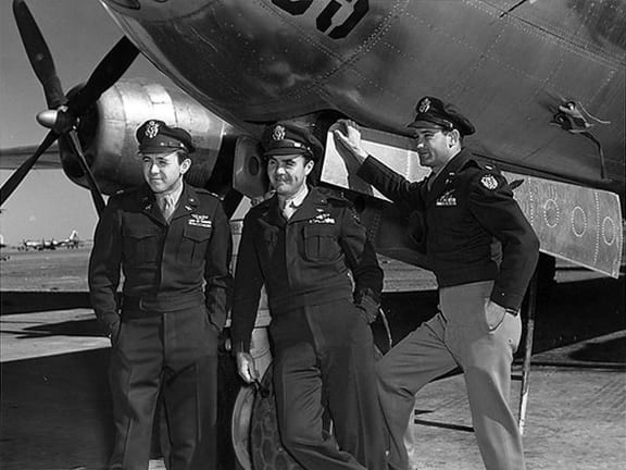 From left: Navigator Major Theodore Van Kirk, pilot Colonel Paul Tibbets and bombardier Major Thomas Ferebee after dropping the first atom bomb.