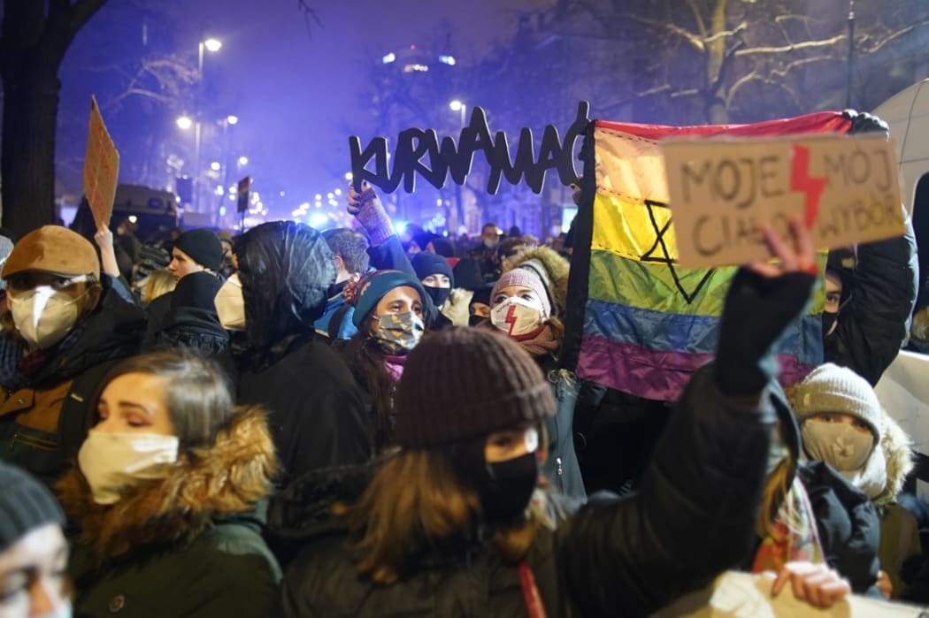 Demonstrator take part in a pro-choice demonstration in front of the constitutional court in Warsaw, Poland, on January 28, 2021, as part of a nationwide wave of protests since October 22, 2020 against Poland's near-total ban on abortion.