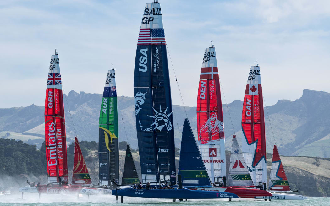 The SailGP fleet in action on Lyttelton Harbour in Christchurch.