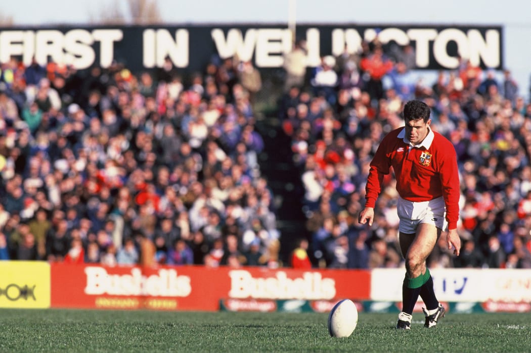 Lions captain Gavin Hastings about to take a kick during the 1993 Lions vs All Blacks clash in Wellington.