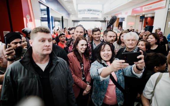 Someone taking a selfie with Jacinda Ardern in Auckland on 16 October 2020.