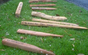 Roughly fashioned survey pegs with place names lie in the grass