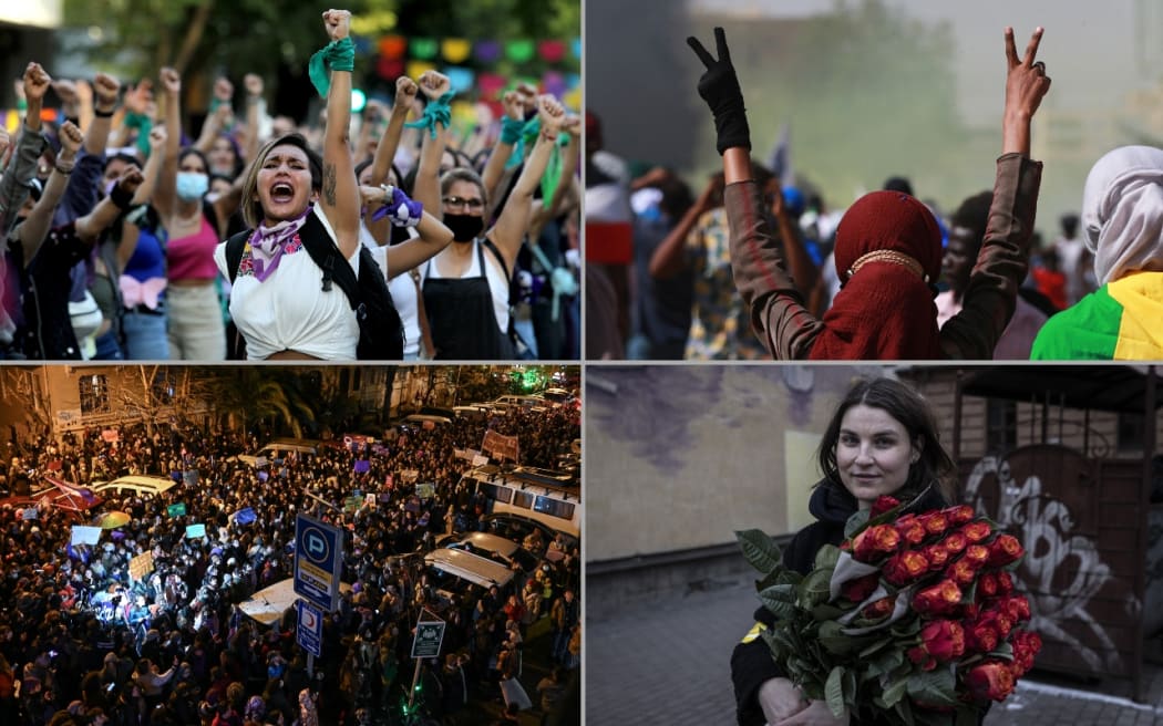(Clockwise from top left) An International Women's Day rally in Mexico, a protest in Sudan demanding the Sovereignty Council be dissolved, a woman in Ukraine with flowers to celebrate the day, and Turkish riot police clashed with women during a gathering.