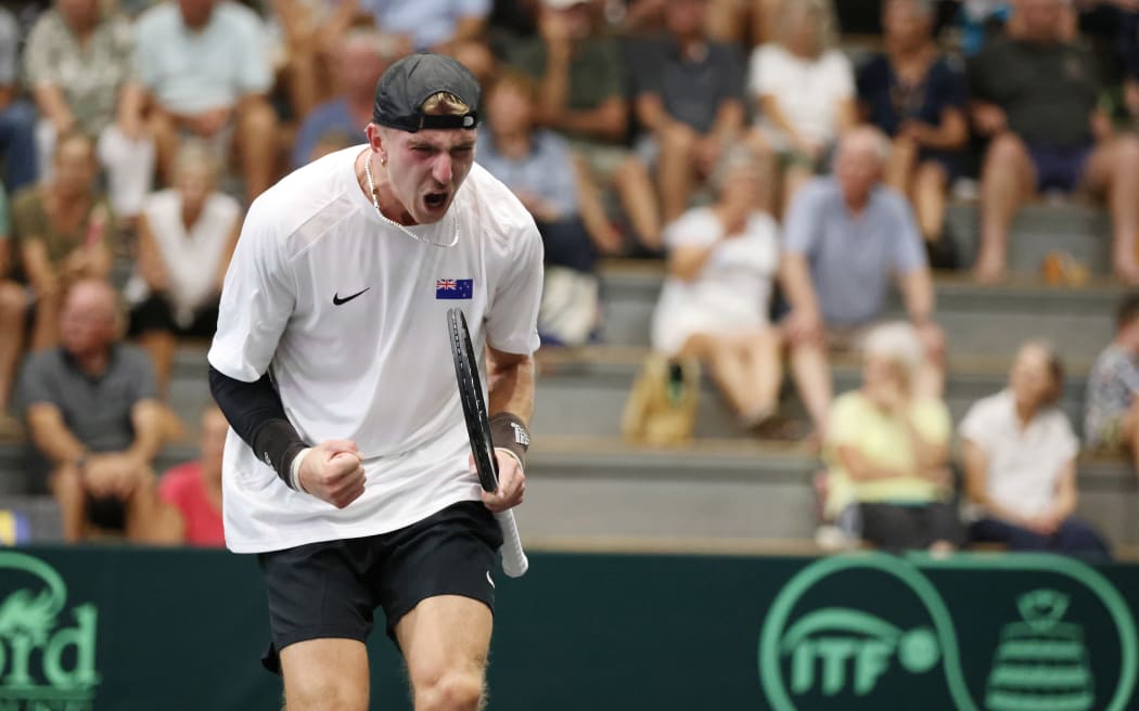Anton Shepp gestures during his singles match against Mirza Basic of Bosnia and Herzegovina at the Davis Cup match in Whangarei, 8 February, 2026. ©Michael Bradley for Tennis New Zealand.
