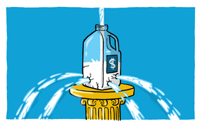Milk pours from holes in the side of a 2L bottle of milk with a dollar sign on it