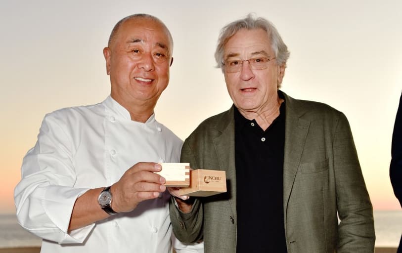 Executive Chef & Owner Chef Nobu Matsuhisa (L) and Co-Founder Robert De Niro attend Nobu Los Cabos Official Hotel Launch & Sake Ceremony on November 13, 2019 in Cabo San Lucas, Mexico.