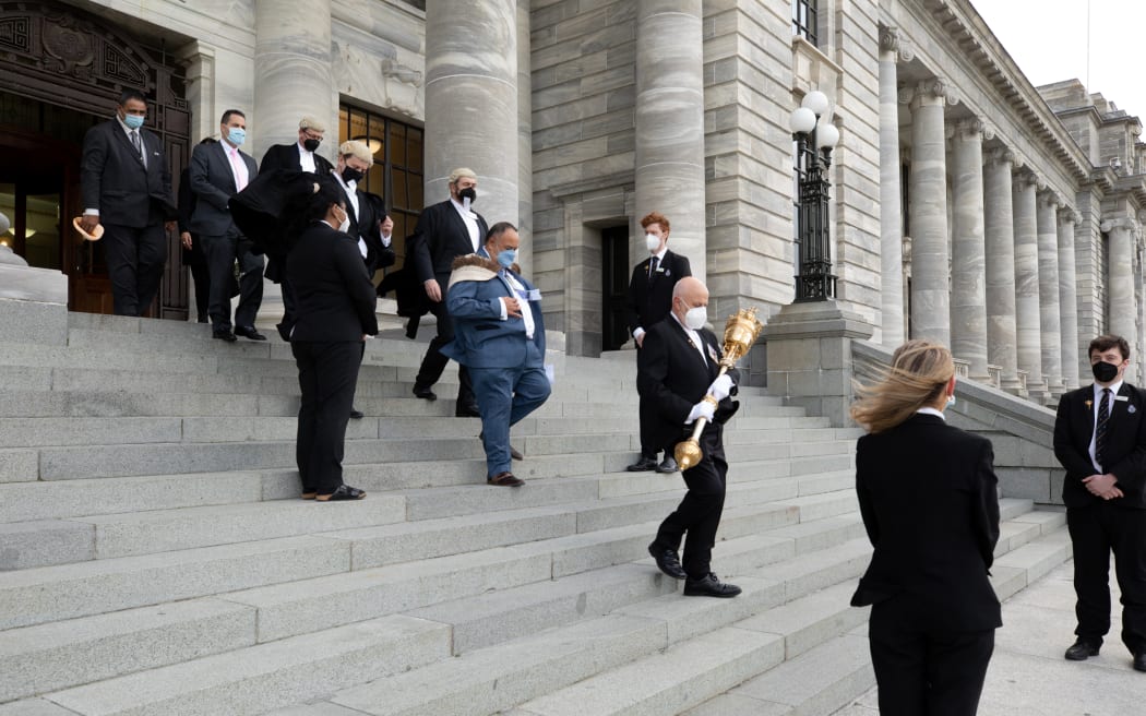 The newly elected Speaker of Parliament, Adrian Rurawhe, follows the Serjeant-at-Arms, Steve Streefkerk, as the delegation heads for Government House to receive credentials from the Governor-General to formally assume the role of Speake. 24 August 2022.