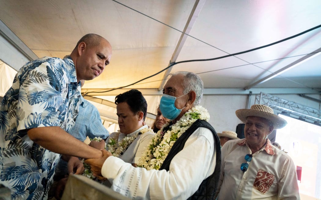 Pro-independence leader and former president of French Polynesia Oscar Temaru celebrates the pro-independence Tavini party's victory following the second round of the territorial elections.