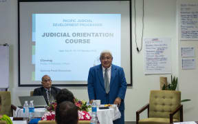The Ulu o Tokelau, Aliki Faipule Kuresa Nasau together with Samoan Chief Justice, His Honour Patu Tiava’asue Falefatu Sapolu during the closing ceremony of the Tokealuan Judicial Orientation Course in Apia Samoa on Friday 13 Feb 2015.