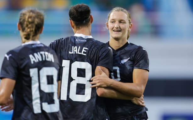 New Zealand’s Grace Jale celebrates after scoring a goal with Pia Vlok during Fifa Women’s World Cup Qualifiers.