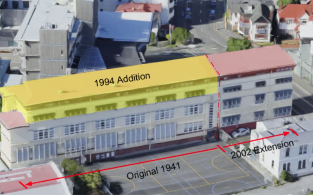 The top part of Brook Block (in yellow) at Wellington Girls College was found to be 15 percent of the new building standard (NBS).