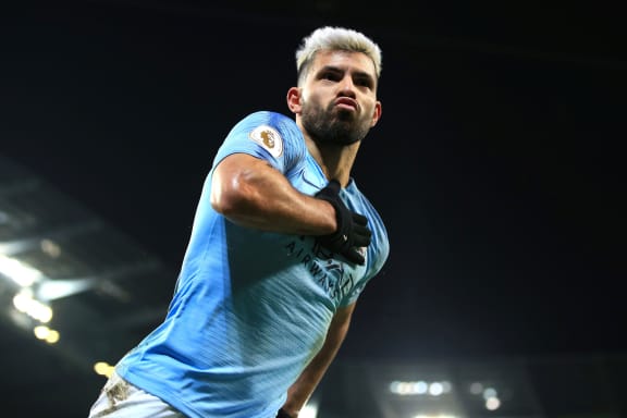 Sergio Aguero celebrates scoring against Liverpool