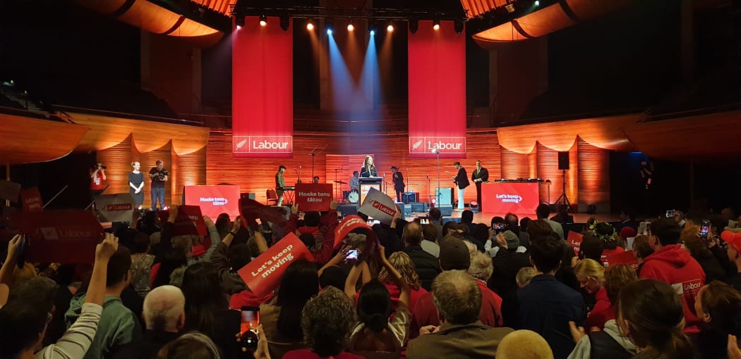 A Labour Party election rally at the Michael Fowler Centre in Wellington on 11 October 2020.