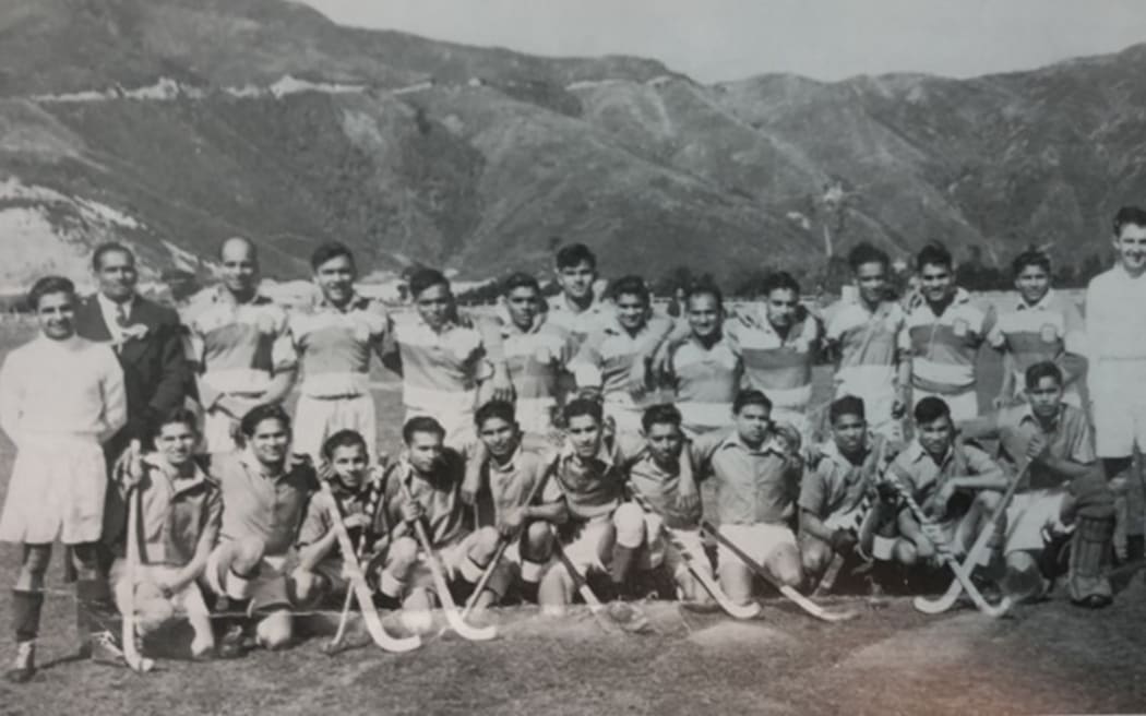 Players from the 1947 match between Auckland and Wellington at Hutt Park in the capital.