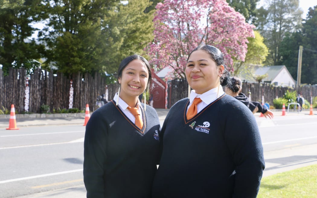Nevaeh Amaria Hapi-Rudolph (left) and Amaghru Turinui at Te Arikinui Kuini Nga wai hono i te po's first Koroneihana celebrations. (2025)