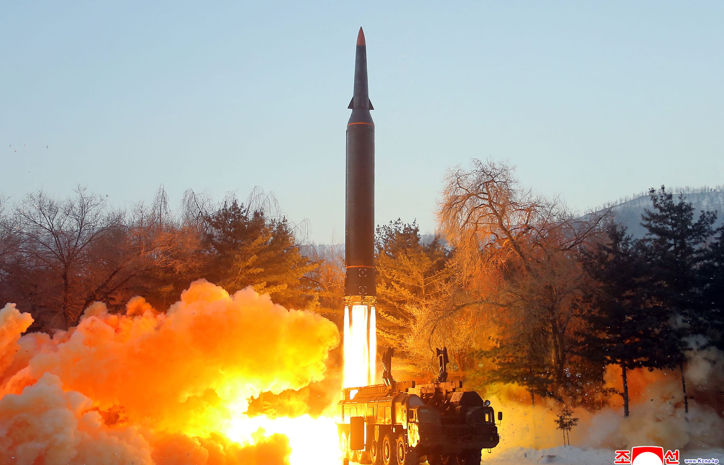 This picture taken on 5 January,2022 and released from North Korea's official Korean Central News Agency (KCNA)  shows what North Korea says is the Academy of Defence Science of the DPRK test-firing a hypersonic missile on January 5 at an unconfirmed location.