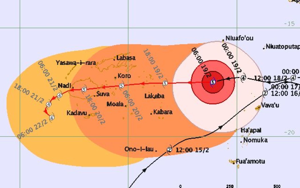 This forecast map from the Fiji Meteorological Service shows cyclone Winston maintaining its category five strength as it passes across the main island, Viti Levu.