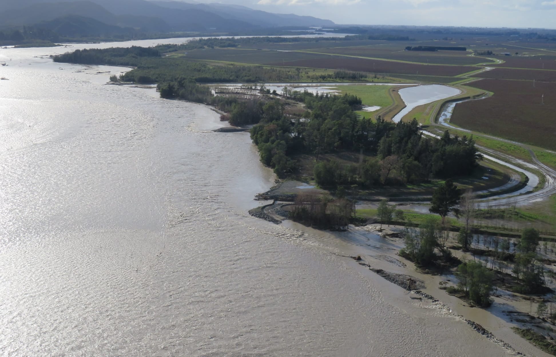 Floodwaters at the Wairau River at the Southern Valleys intake, Marlborough.