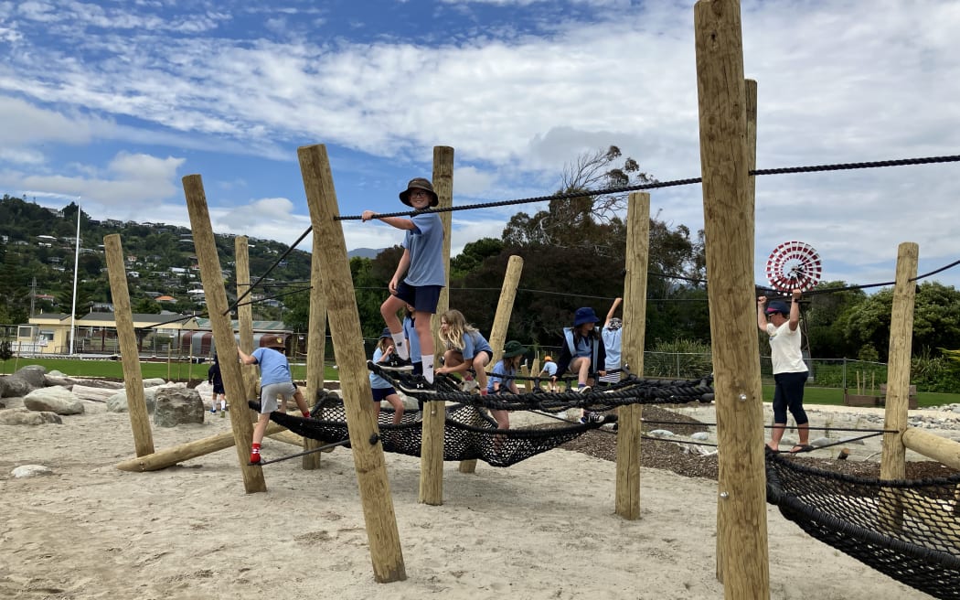 Tahunanui School kids testing out the new park, Te Pā Harakeke