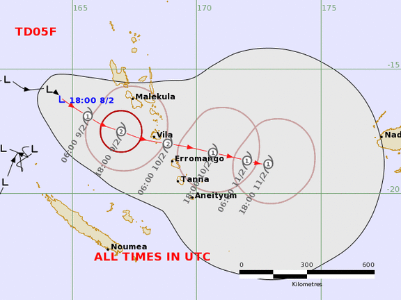 Tropical cyclones forecast track map - TD05F to the west of Vanuatu.