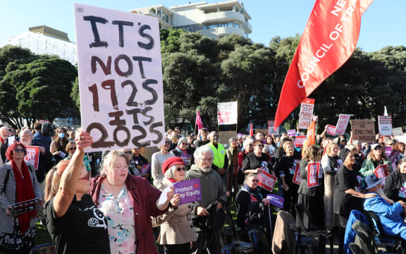 Budget Day 2025 - pay equity protestors voice their opinions outside Parliament