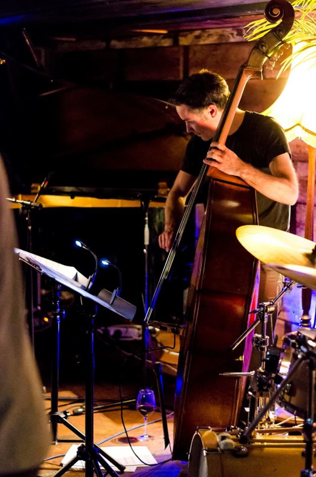 Nick Tipping in his element - behind the bass at a jazz gig.