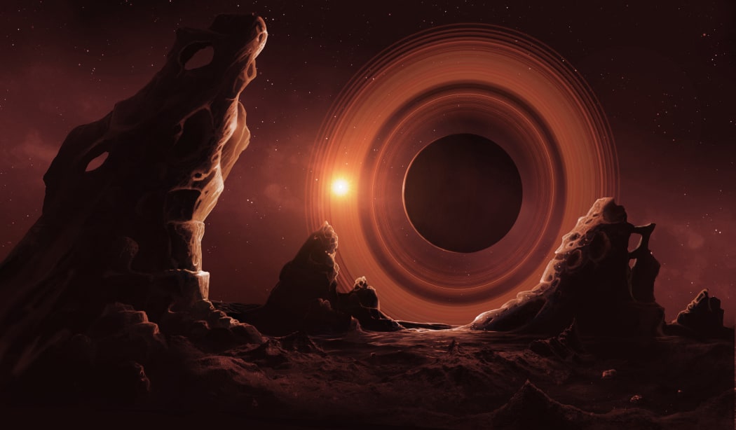 Illustration of the view from an exomoon orbiting a ringed exoplanet in a polar orbit.