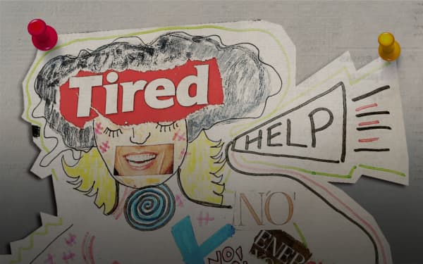 Composite image of collaged body map with pins with a faded newspaper background