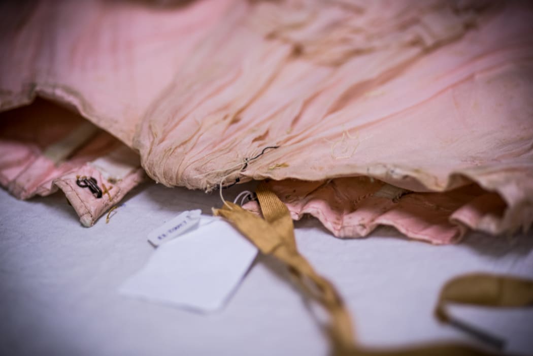 Detail of pink taffeta boned bodice. Late 19th century. Eppinghoven Collection; Otago Museum Collection.