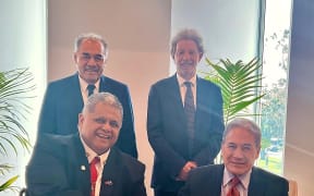 Prime Minister Laaulialemalietoa Polataivao Leuatea Fosi Schmidt with the New Zealand Foreign Minister Winston Peters at the Samoan Consulate in Mangere. 19 October 2025