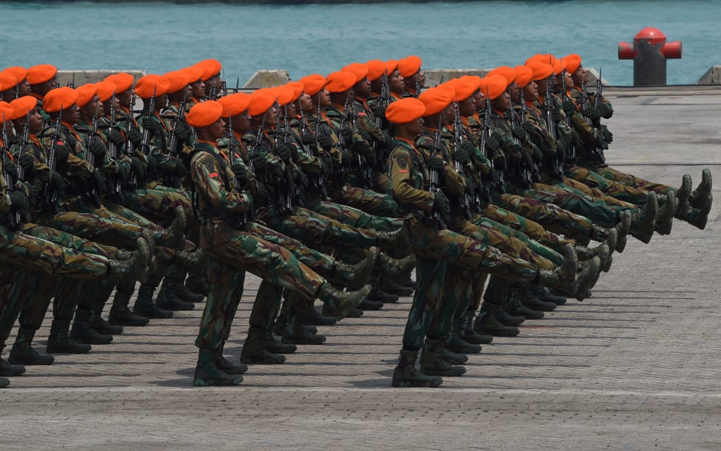 Indonesian military troops march in formation during an exercise in West Java province in 2015