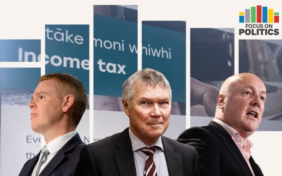 Collage of Chris Hipkins, David Parker, and Christopher Luxon in front of IRD website screenshot.