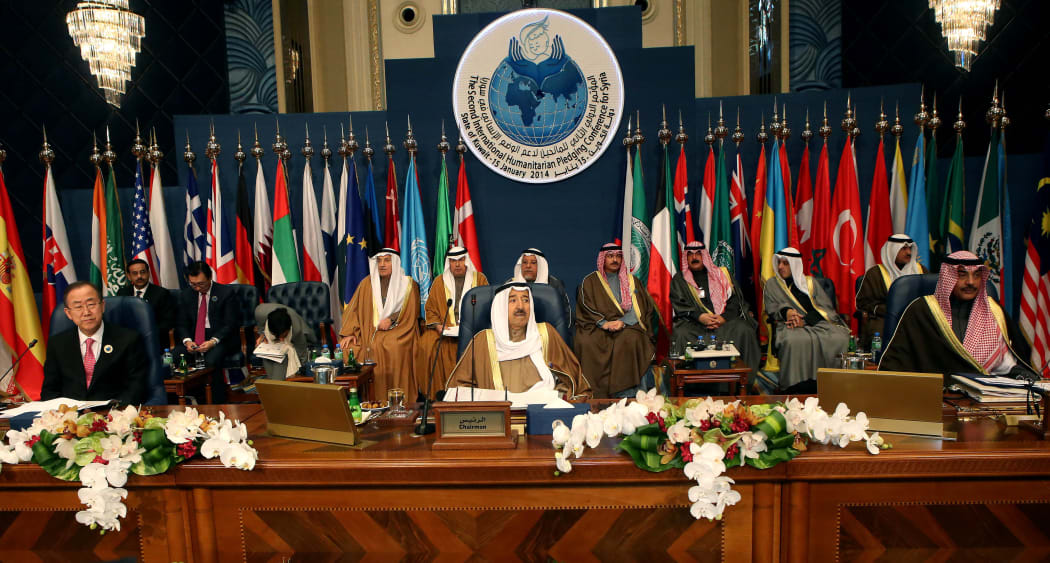 UN Secretary-General Ban Ki-moon, left, Emir of Kuwait Sheikh Sabah al-Ahmad al-Sabah and  Kuwaiti Foreign Minister Sheikh Sabah al-Khaled al-Sabah attend the meeting.