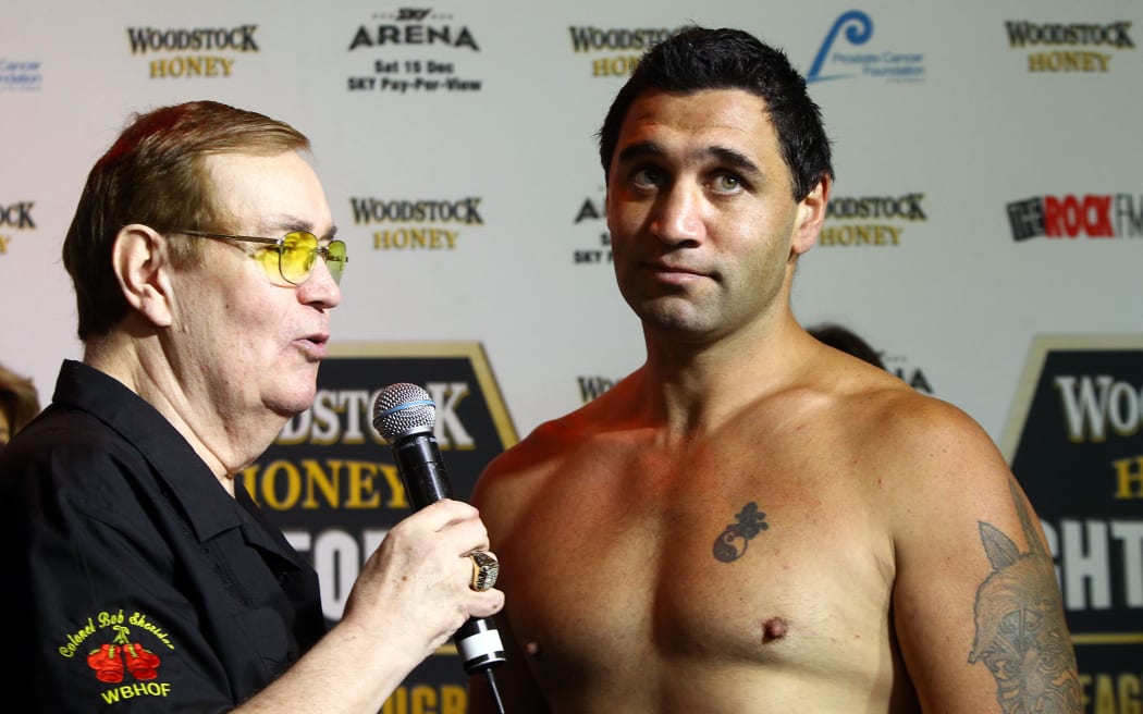 Richard Tutaki, Colonel Bob Sheridan interviews Richard Tutaki, Woodstock Honey bourbon Fight For Life Weigh In, ahead of the charity boxing match in aide of prostate cancer fundraising. The Deck, Skycity, Auckland. 14 December 2012. Photo: William Booth/photosport.co.nz