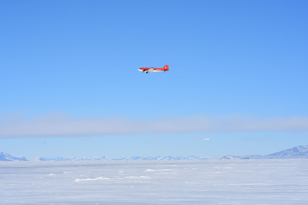 The ice thickness was measured using a Basler BT-67 (a modified DC-3) plane towing a piece of equipment called an EM Bird underneath.