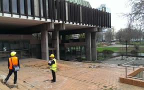 Exterior damage to the Christchurch town hall from the earthquakes.