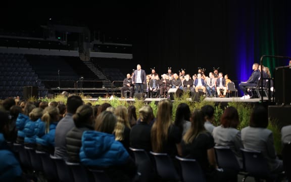 Football teams listening to the whaikōrero at the official pōwhiri for the FIFA Women's World Cup 2023.