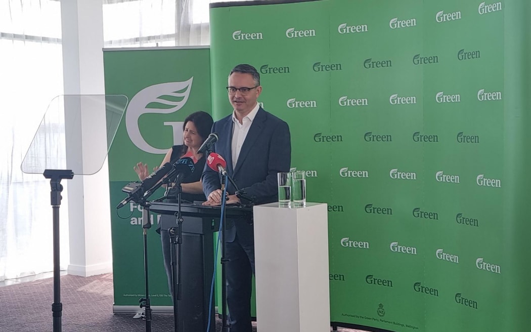 Green Party co-leader James Shaw announcing a policy to set a legally binding target to protect 30 percent of our ocean by 2030 at the Okahu Events Centre in Auckland on 10 September 2023.