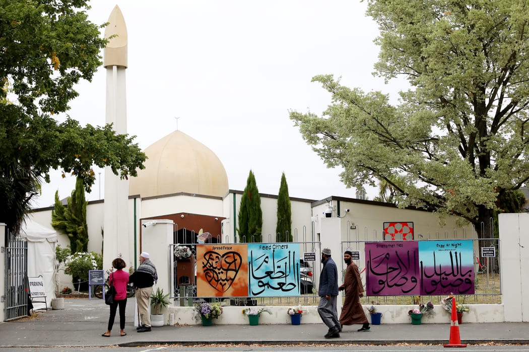 Members of the Muslim community arrive at the Al Noor mosque on the 15 March 2020, the anniversary of the terror attack.